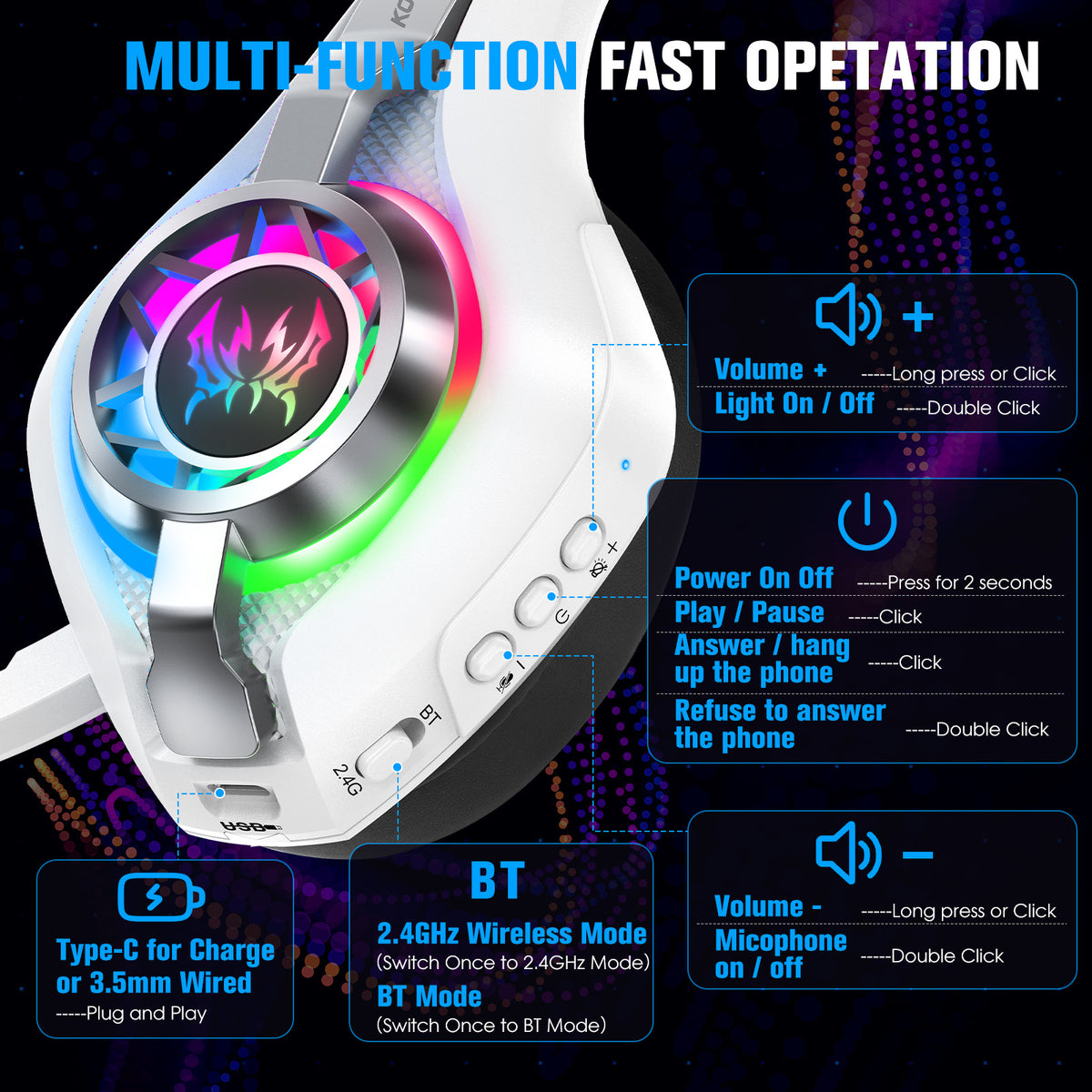 Wireless Head-mounted Gaming Headset Bluetooth 24G E-sports Headset